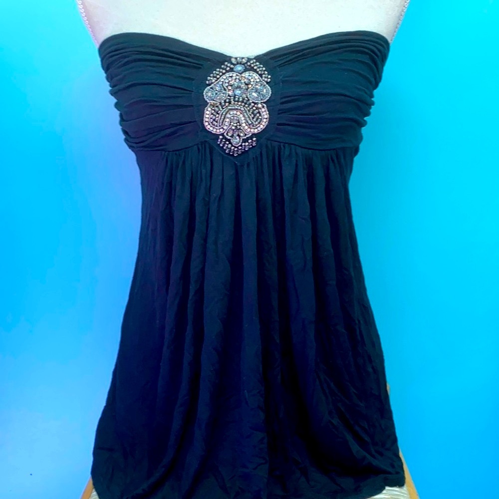 Boho chic black strapless top with jeweled detail